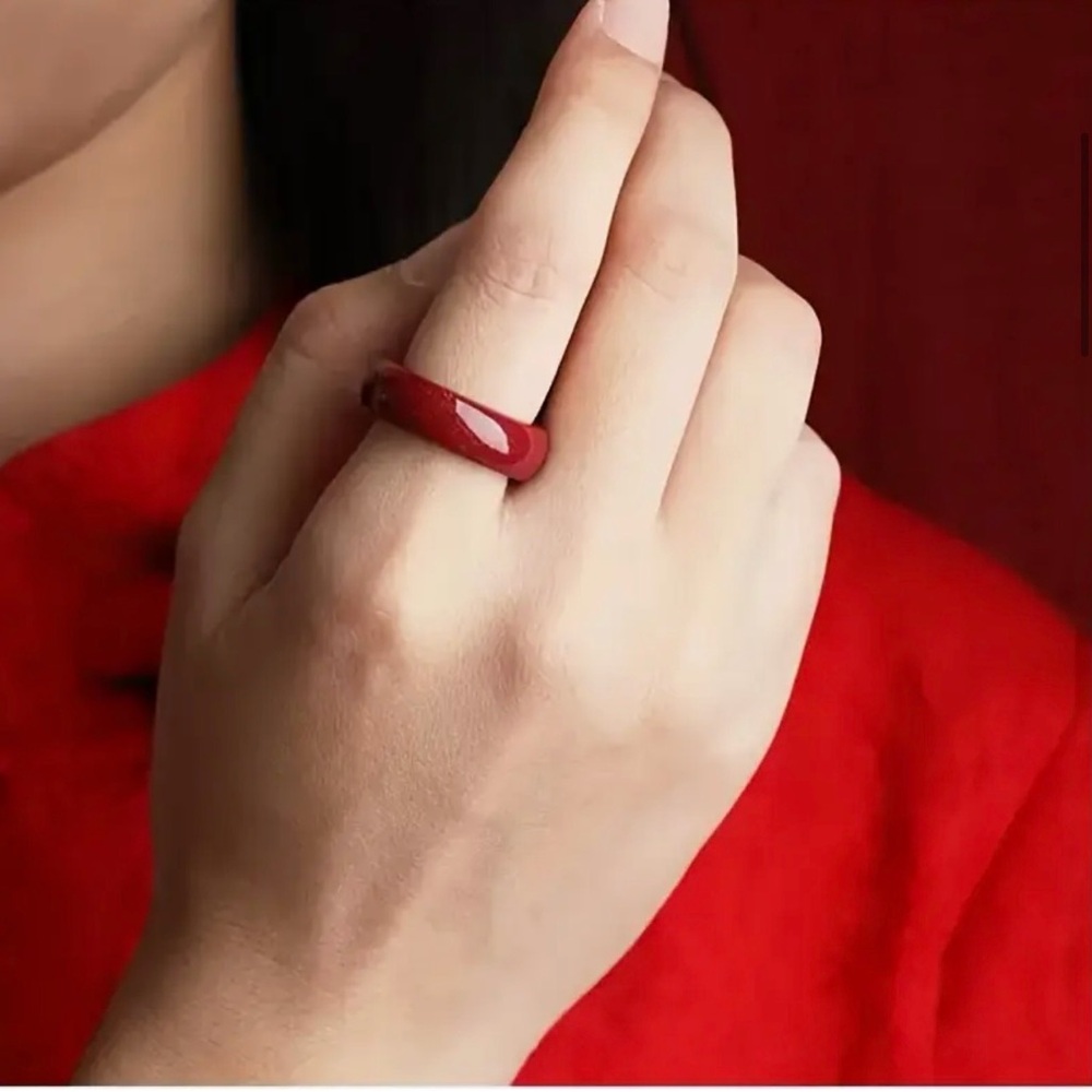 Unisex Red Cinnabar Dome Wedding Engagement Everyday Band Ring